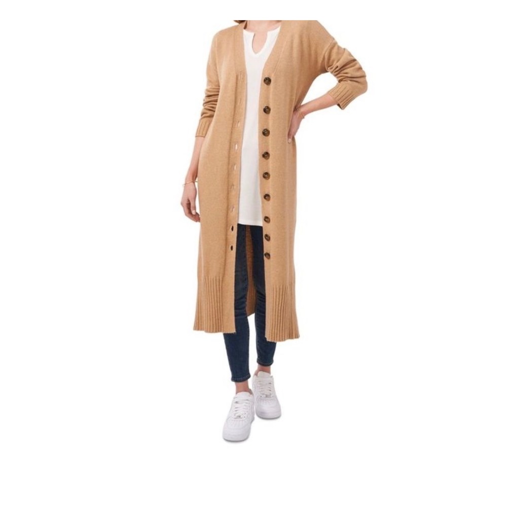 Vince Camuto Womens Camel Tan Longline Button Front Duster Cardigan Sweater L